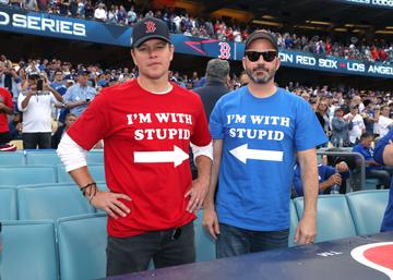 2018: Matt Damon and Jimmy Kimmel attend The Los Angeles Dodgers Game - World Series - Boston Red Sox v Los Angeles Dodgers - Game Five at Dodger Stadium on October 28, 2018 in Los Angeles, California.  (Photo by Jerritt Clark/Getty Images)