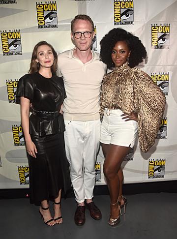 Elizabeth Olsen, Paul Bettany and Teyonah Parris of Marvel Studios' 'WandaVision' at the San Diego Comic-Con International 2019. . (Photo by Alberto E. Rodriguez/Getty Images for Disney)