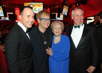 David Furnish, musician Sir Elton John, actress Betty White and guest attend the 18th Annual Elton John AIDS Foundation Oscar Party at Pacific Design Center on March 7, 2010 in West Hollywood, California.  (Photo by Stefanie Keenan/Getty Images for Chopard)
