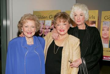(L to R)  Actresses Betty White, Rue McClanahan and Bea Arthur arrive for the DVD release party for "The Golden Girls" the first season November 18, 2004 in Los Angeles, California. (Photo by Carlo Allegri/Getty Images)