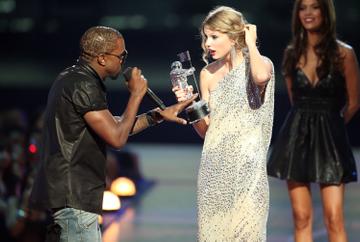 Kanye West famously jumped onstage after Taylor Swift won the "Best Female Video" award during the 2009 MTV Video Music Awards at Radio City Music Hall on September 13, 2009 in New York City.  (Photo by Christopher Polk/Getty Images)
