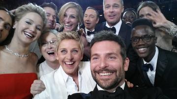Ellen DeGeneres poses for a selfie taken by Bradley Cooper with (clockwise from L-R) Jared Leto, Jennifer Lawrence, Channing Tatum, Meryl Streep, Julia Roberts, Kevin Spacey, Brad Pitt, Lupita Nyong'o, Angelina Jolie, Peter Nyong'o Jr. and Bradley Cooper during the 86th Annual Academy Awards. The selfie became the most retweeted photo, beating Barack Obama's previous record.

(Photo credit Ellen DeGeneres/Twitter via Getty Images)

