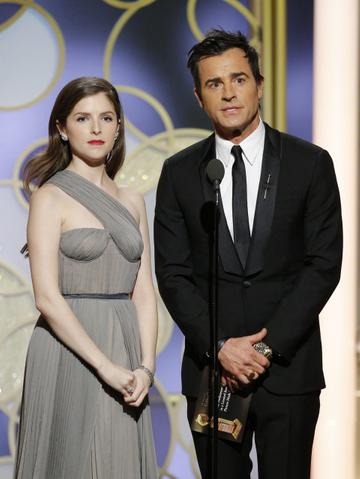 2017: Presenters Anna Kendrick (L) and Justin Theroux onstage during the 74th Annual Golden Globe Awards at The Beverly Hilton Hotel on January 8, 2017 in Beverly Hills, California. (Photo by Paul Drinkwater/NBCUniversal via Getty Images)