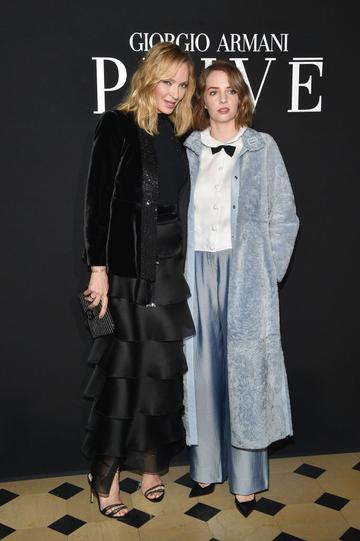 Uma Thurman and her daughter Maya Hawke attend the Giorgio Armani Prive Haute Couture Spring Summer 2019 show as part of Paris Fashion Week  on January 22, 2019 in Paris, France. (Photo by Stephane Cardinale - Corbis/Corbis via Getty Images)