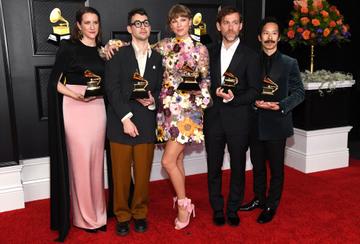(L-R) Laura Sisk, Jack Antonoff, Taylor Swift, Aaron Dessner, and Jonathan Low, winners of the Album of the Year award for ‘Folklore,’ pose in the media room during the 63rd Annual GRAMMY Awards at Los Angeles Convention Center on March 14, 2021 in Los Angeles, California. (Photo by Kevin Mazur/Getty Images for The Recording Academy )