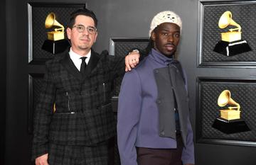 (L-R) Adrian Quesada and Eric Burton of Black Pumas attend the 63rd Annual GRAMMY Awards at Los Angeles Convention Center on March 14, 2021 in Los Angeles, California. (Photo by Kevin Mazur/Getty Images for The Recording Academy )