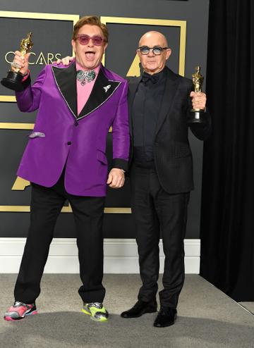 Elton John and Bernie Taupin poses at the 92nd Annual Academy Awards at Hollywood and Highland on February 09, 2020 in Hollywood, California. (Photo by Steve Granitz/WireImage )