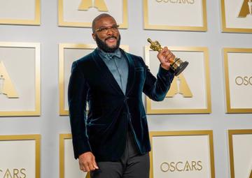 Tyler Perry, winner of the Jean Hersholt Humanitarian Award, poses in the press room during the Oscars on Sunday, April 25, 2021, at Union Station in Los Angeles. (Photo by Chris Pizzello-Pool)