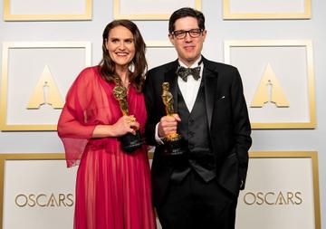 Alice Doyard and Anthony Giacchino winner of Best Documentary Short for Colette in the press room during the 93rd Annual Academy Awards at Union Station on April 25, 2021 in Los Angeles, California. (Photo by Matt Petit/A.M.P.A.S. via Getty Images)