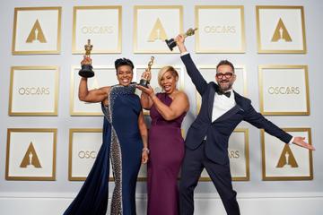 (L-R) Mia Neal, Jamika Wilson, and Sergio Lopez-Rivera pose backstage with the Oscar for Makeup and Hairstyling in the press room during the 93rd Annual Academy Awards at Union Station on April 25, 2021 in Los Angeles, California. (Photo by Matt Petit/A.M.P.A.S. via Getty Images)