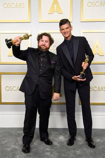 Will McCormack and Michael Govier winners of the Animated Short Film award for 'If Anything Happens I Love You' poses in the press room during the 93rd Annual Academy Awards at Union Station on April 25, 2021 in Los Angeles, California. (Photo by Matt Petit/A.M.P.A.S. via Getty Images)