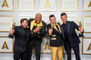Michael Govier, Will McCormack, Travon Free and Martin Desmond Roe pose in the press room during the 93rd Annual Academy Awards at Union Station on April 25, 2021 in Los Angeles, California. (Photo by Matt Petit/A.M.P.A.S. via Getty Images)