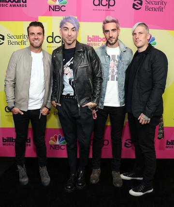 Rian Dawson, Alex Gaskarth, Jack Barakat, and Zack Merrick of All Time Low pose backstage for the 2021 Billboard Music Awards, broadcast on May 23, 2021 at Microsoft Theater in Los Angeles, California. (Photo by Rich Fury/Getty Images for dcp)