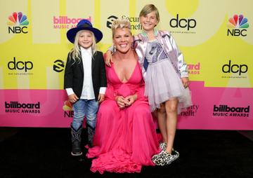 Jameson Moon Hart, P!nk, and Willow Sage Hart pose backstage for the 2021 Billboard Music Awards, broadcast on May 23, 2021 at Microsoft Theater in Los Angeles, California. (Photo by Rich Fury/Getty Images for dcp)