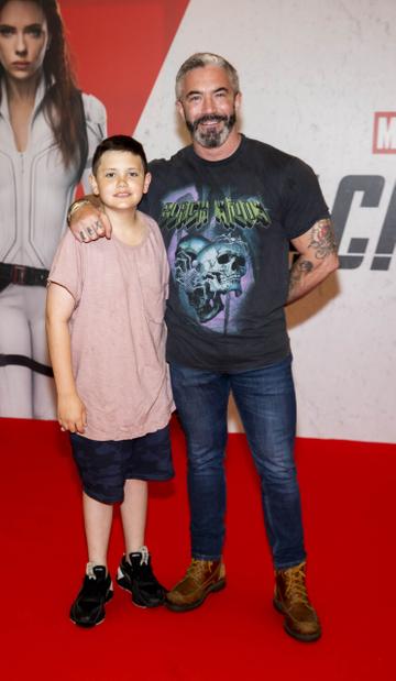 Mark O'Keeffe with son Ely (12) pictured at the Irish Special Preview Screening Marvel Studios Black Widow. Picture Andres Poveda