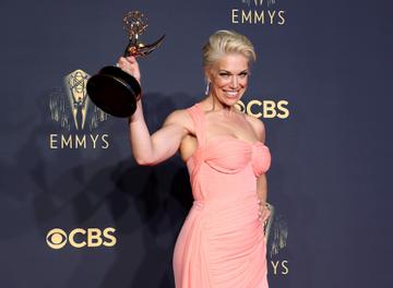 LOS ANGELES, CALIFORNIA - SEPTEMBER 19: Hannah Waddingham, winner of Outstanding Supporting Actress in a Comedy Series for 'Ted Lasso,' poses in the press room during the 73rd Primetime Emmy Awards at L.A. LIVE on September 19, 2021 in Los Angeles, California. (Photo by Rich Fury/Getty Images)