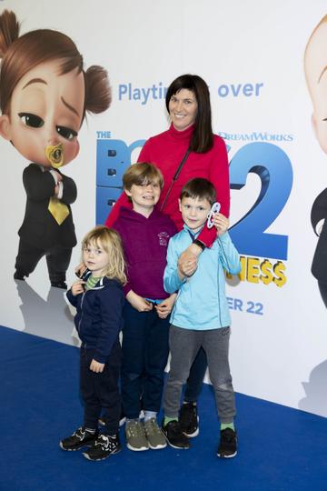 Melanie Finn pictured with son's Patrick (3) Rían (8) and Liam (6) pictured at a special preview screening of The Boss Baby 2: Family Business at Odeon Point Square, Dublin. Picture Andres Poveda
