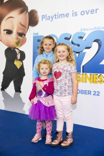 Amellia (2), Kelsey (7) and Alyzza O'Callaghan (6) pictured at a special preview screening of The Boss Baby 2: Family Business at Odeon Point Square, Dublin.  Picture Andres Poveda