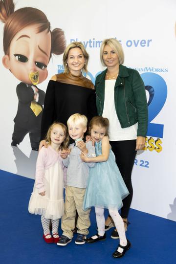 Siobhan O'Connor and Angela Penrose with Eila Norton (3), Erin Norton (5), Max Penrose (4) pictured at a special preview screening of The Boss Baby 2: Family Business at Odeon Point Square, Dublin. Picture Andres Poveda