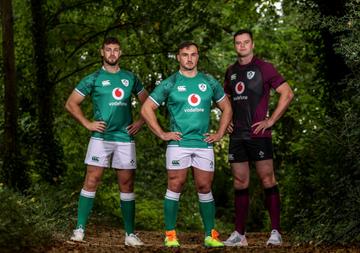 Canterbury Reveal New Ireland Rugby Jerseys For 2021/22 Season.
Pictured at the launch of the new jerseys which are on sale now from Elverys.ie, in store and on Canterbury.com is Ronan Kelleher (centre), James Ryan (Right) and Caelan Doris (Left) 
Mandatory Credit ©INPHO/Dan Sheridan