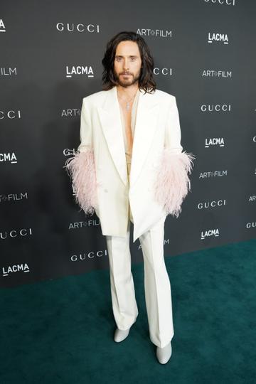 Jared Leto, wearing Gucci, attends the 10th Annual LACMA ART+FILM GALA honoring Amy Sherald, Kehinde Wiley, and Steven Spielberg presented by Gucci at Los Angeles County Museum of Art on November 06, 2021 in Los Angeles, California. (Photo by Presley Ann/Getty Images for LACMA)