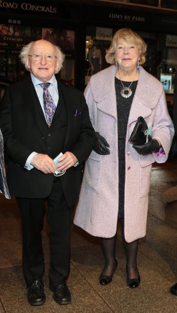 President Michael D Higgins and his wife Sabina arrive  at the opening of Landmark Productions and Lovano's world premiere production of Gabriel Byrne's Walking with Ghosts at the  Gaiety Theatre, Dublin.
Picture: Brian McEvoy/PIP