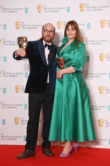 Production Designer Patrice Vermette and Zsuzsanna Sipos, accepting the Best Production Design award for "Dune", pose in the winners room at the EE British Academy Film Awards 2022 at Royal Albert Hall on March 13, 2022 in London, England.  (Photo by David M. Benett/Dave Benett/Getty Images)