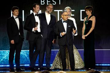 L-R) Evan Peters, Brad Ingelsby, Craig Zobel, Mark Roybal, Jean Smart, and Julianne Nicholson accept the Best Limited Series award for 'Mare of Easttown' onstage during the 27th Annual Critics Choice Awards at Fairmont Century Plaza on March 13, 2022 in Los Angeles, California. (Photo by Frazer Harrison/Getty Images )