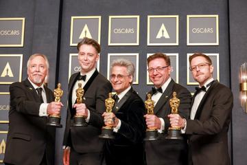(L-R) Doug Hemphill, Theo Green, Mark Mangini, Ron Bartlett and Mac Ruth, winners of the Oscar for Best Sound for "Dune". Dune also took home  Best Production Design, Best Film Editing, Best Visual Effects and Best Original Score (Allen Schaben / Los Angeles Times via Getty Images)