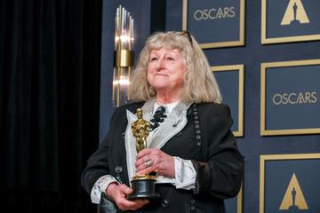 Jenny Beavan won the award for 'Best Costume Design' for her work in Disney's newest 'Cruella' installment at the 94th Academy Awards at the Dolby Theatre at Ovation Hollywood on Sunday, March 27, 2022.  (Allen Schaben / Los Angeles Times via Getty Images)