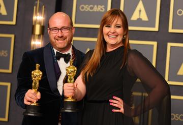 (L-R)  Patrice Vermette and Zsuzsanna Sipos, winners of the Production Design Award for 'Dune' pose in the press room during the 94th Annual Academy Awards at Hollywood and Highland on March 27, 2022 in Hollywood, California. (Photo by Mike Coppola/Getty Images)