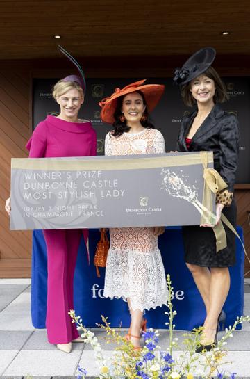 Nina Carberry, guest judge pictured with Clare Conlon (age 26) from Armagh, wearing a dress from Never Fully Dressed with shoes and accessories from Zara and Hat from Hats in Belfast was named winner of the Dunboyne Castle Most Stylish Lady event at Fairyhouse Racecourse with Grainne Ross, managing director of Dunboyne Castle Hotel &amp; Spa. An exciting day in the racing and style calendar, the €500,000 BoyleSports Irish Grand National and Most Stylish Lady is the highlight of the festival. Picture Andres Poveda