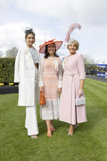 Finalist of the Dunboyne Castle Most Stylish Lady event at Fairyhouse Racecourse, Rita Doyle from Gorey Co Wexford and Gemma McDonagh from Galway are pictured with winner Clare Conlon (age 26) from Armagh, wearing a dress from Never Fully Dressed with shoes and accessories from Zara and Hat from Hats in Belfast. An exciting day in the racing and style calendar, the €500,000 BoyleSports Irish Grand National and Most Stylish Lady is the highlight of the festival. Picture Andres Poveda