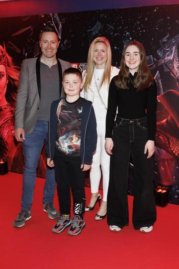 Keith Barry with wifer Mairead, Braden (10) and Breanna (13) pictured at a special preview screening of Marvel Studios Doctor Strange in the Multiverse of Madness at Cineworld Dublin. Picture Andres Poveda