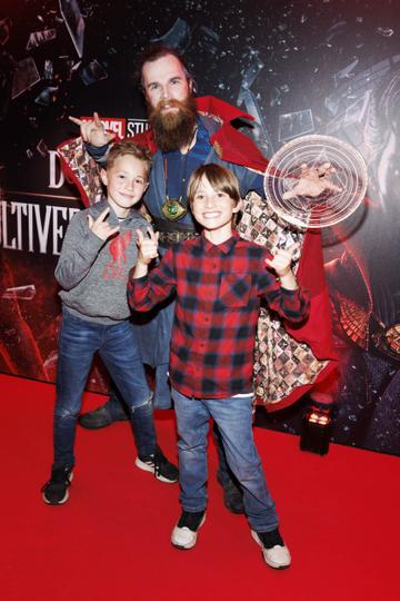 Gerry Begley as Dr Strange with Daragh McDermott (10) and Harrison Lavery (9) pictured at a special preview screening of Marvel Studios Doctor Strange in the Multiverse of Madness at Cineworld Dublin. Picture Andres Poveda