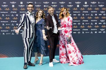 Host of the red carpet event Mario Acampa, Laura Carusino, Gabriele Corsi and Carolina Di Domenico pictured on the Turquoise Carpet in Turin for the Eurovision Song Contest 2022 Opening Ceremony at the Venaria Reale. Picture Andres Poveda