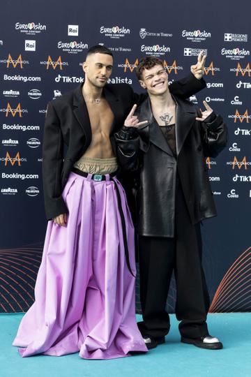 Mahmood & Blanco pictured on the Turquoise Carpet in Turin for the Eurovision Song Contest 2022 Opening Ceremony at the Venaria Reale. Picture Andres Poveda