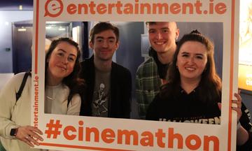 A group of friends posed with the Entertainment.ie cut-out. Each of these guests raised money for Focus Ireland and were thanked with the 24 hour Cinemathon!