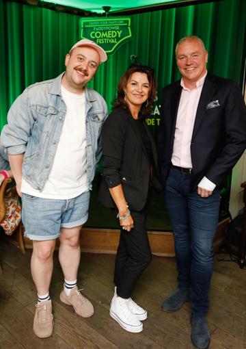 Shane Daniel Byrne, Deirdre O’Kane &  Paddy Power at the launch of the Paddy Power Comedy Festival which takes place in the Iveagh Gardens in Dublin from the 21st – 24th July. Tickets are on sale now from ticketmaster.ie..
Photo Leon Farrell/Photocall Ireland