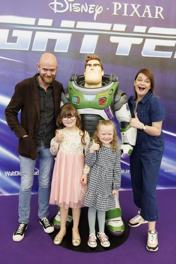 Sean Moncrief with Laila Miller (6), Cora Moncrief (6) and Caroline Moncrief pictured at the special preview screening of Disney Pixar LIGHTYEAR in the Odeon Cinema Dublin. LIGHTYEAR will be in cinemas from June 17th. Picture Andres Poveda