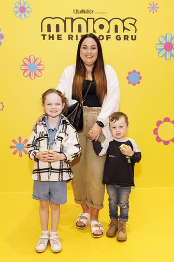 Grace Mongey with Sienna and Hayden the Irish premiere of Minions: The Rise of Gru at Movies @ The Square in the first premiere event since its opening. Minions: The Rise of Gru is in cinemas July 1. Picture Andres Poveda
