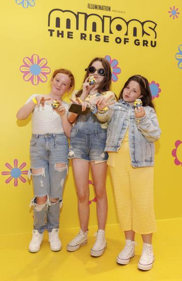 Lane Gafney-Kelly (11), Eve Dowling (12) and Layla Glass (11) at the Irish premiere of Minions: The Rise of Gru at Movies @ The Square in the first premiere event since its opening. Minions: The Rise of Gru is in cinemas July 1. Picture Andres Poveda