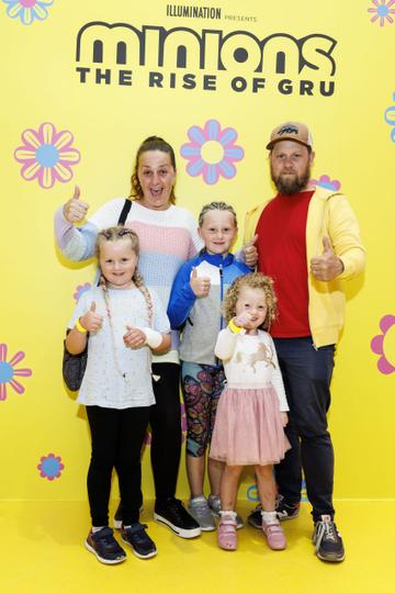 Jamie and Pat O'Callaghan Elissa (6), Kelsie (8) and Amelia (3) at the Irish premiere of Minions: The Rise of Gru at Movies @ The Square in the first premiere event since its opening. Minions: The Rise of Gru is in cinemas July 1. Picture Andres Poveda