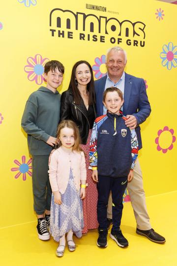 Catherine Hanley and Mark Mohan, with Matthew (12), Sophie (4) Eli Mohan (9) at the Irish premiere of Minions: The Rise of Gru at Movies @ The Square in the first premiere event since its opening. Minions: The Rise of Gru is in cinemas July 1. Picture Andres Poveda