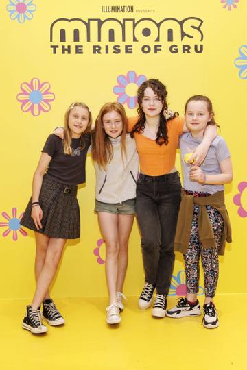 Sadgbh Jolie Coffee (11), Sophie Clarke (13), Sireena Clarke (9) at the Irish premiere of Minions: The Rise of Gru at Movies @ The Square in the first premiere event since its opening. Minions: The Rise of Gru is in cinemas July 1. Picture Andres Poveda