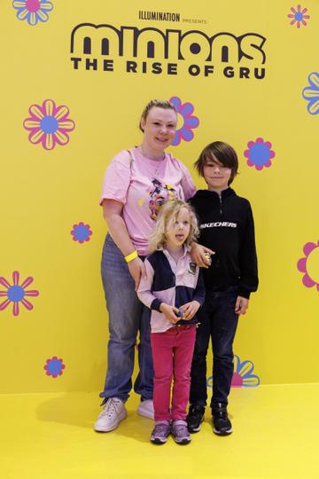Mellia Carton with Alice (4) and Eric Moore (10) at the Irish premiere of Minions: The Rise of Gru at Movies @ The Square in the first premiere event since its opening. Minions: The Rise of Gru is in cinemas July 1. Picture Andres Poveda