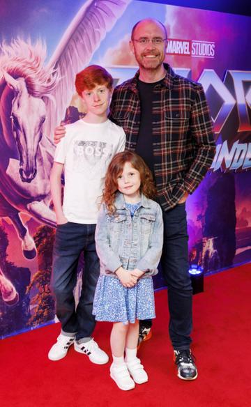Brian Redmond with Anna (7) and Alex (12) pictured at the special preview screening of Thor: Love and Thunder. Picture Andres Poveda