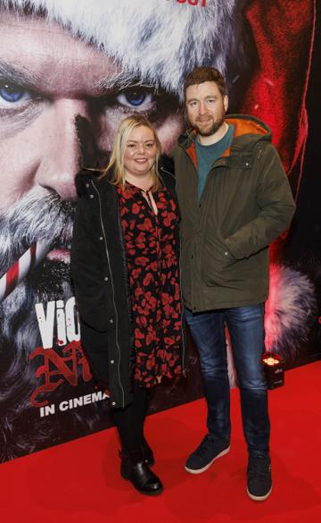 Sinead Fagan and Colm Clancy pictured at a special preview screening of Violent Night at Odeon Point Square, Dublin. Violent Night starring David Harbour is in cinemas from this Friday December 2nd. Picture Andres Poveda