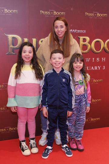 Kellie Kearney with Kadie (7), Frankie (8) and Kenzie (6) pictured at a special preview screening of PUSS IN BOOTS: THE LAST WISH at Movies @ The Square. PUSS IN BOOTS: THE LAST WISH is in cinemas nationwide from February 3rd. Picture Andres Poveda 
