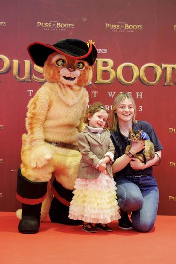 Sophia Poveda (3) is pictured with Heather Dunlop of the ISPCA and Puss in Boots at a special preview screening of PUSS IN BOOTS: THE LAST WISH at Movies @ The Square. PUSS IN BOOTS: THE LAST WISH is in cinemas nationwide from February 3rd. Picture Andres Poveda 